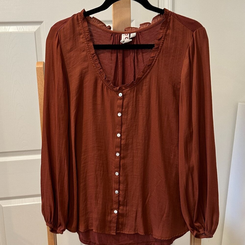 Anthropologie Dolan Copper Brown Ruffled Neck and Gathered Sleeve Blouse L